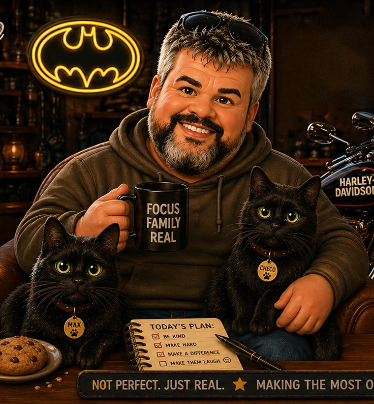 Gaspard at his desk with his two black cats, a coffee mug and his Harley-Davidson behind him